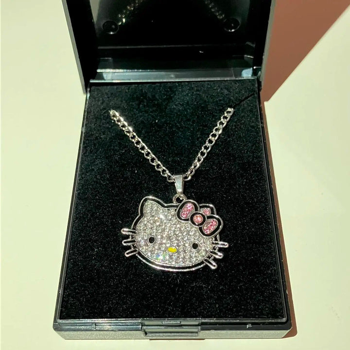 Kitty Kawaii Pink Bow Diamanté Necklace